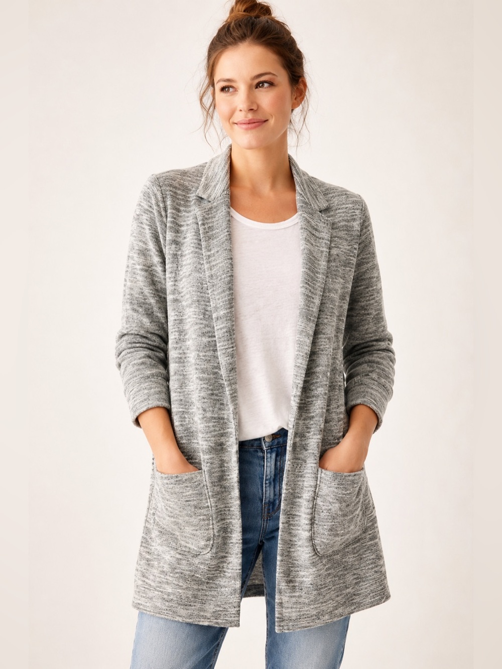 Anthropologie Saturday Sunday Terry Knit Blazer Cardigan Gray Open Front XS